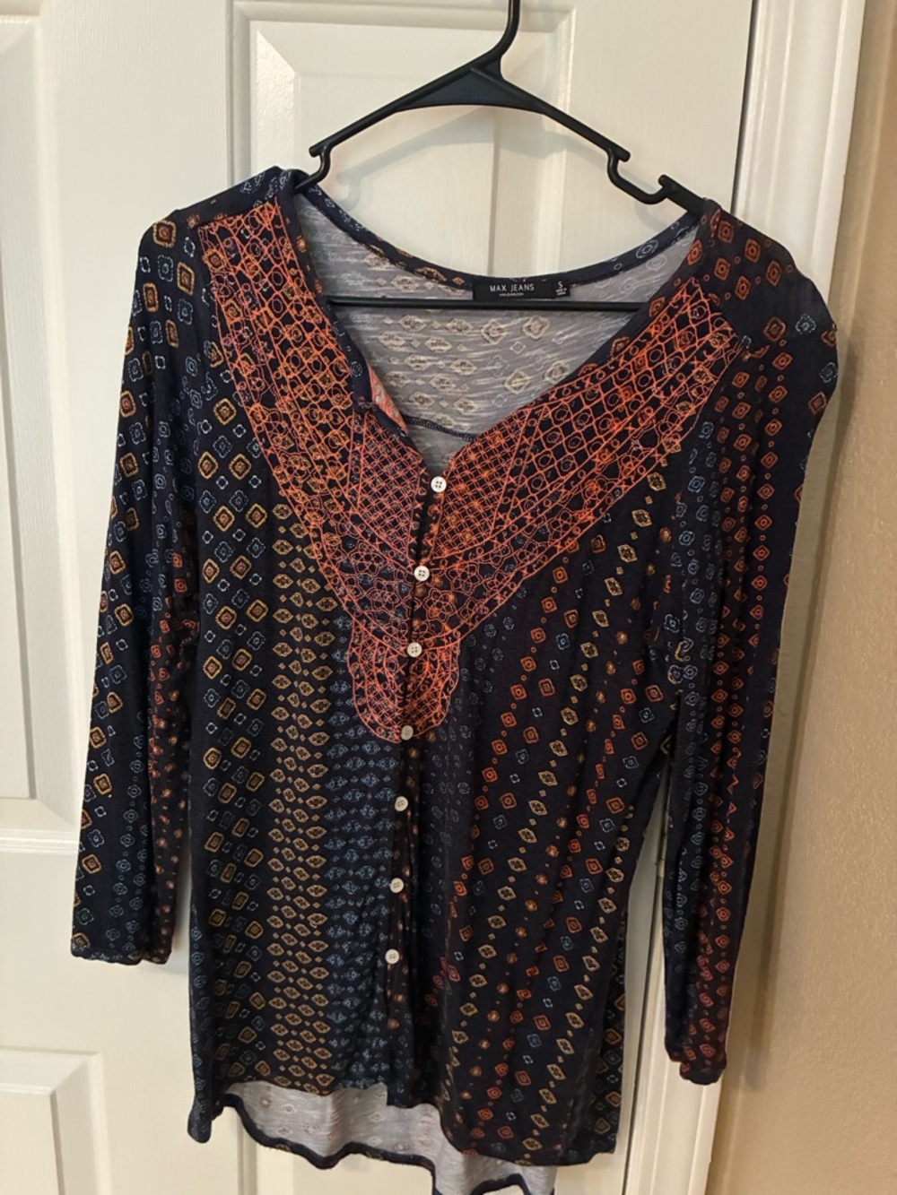 Max Jeans Navy Multi-Color Button Front Boho Top